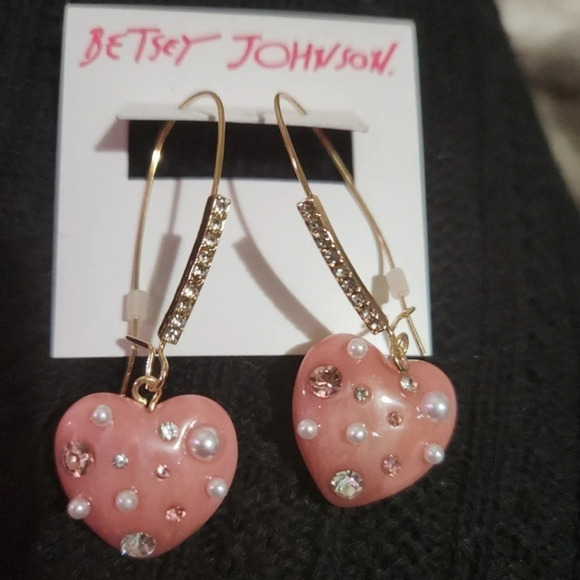 BETSEY JOHNSON SET Valentine’s Pink Marbled Heart Necklace and Earrings NEW NWT - Picture 7 of 8